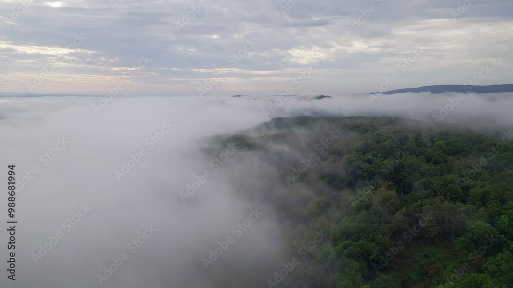 Aerial drone view flying over misty forested mountains in Strandzha National Park, Bulgaria. Foggy landscapes and green forests create a peaceful, mystical atmosphere in nature Aerial drone view flying over misty forested mountains in Strandzha National Park, Bulgaria. Foggy landscapes and green forests create a peaceful, mystical atmosphere in nature
