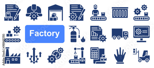 Factory icon set. Containing factory, eco factory, industrial robot, recycling plant. Collection and pack of linear web and ui icons. Editable stroke. Vector illustration