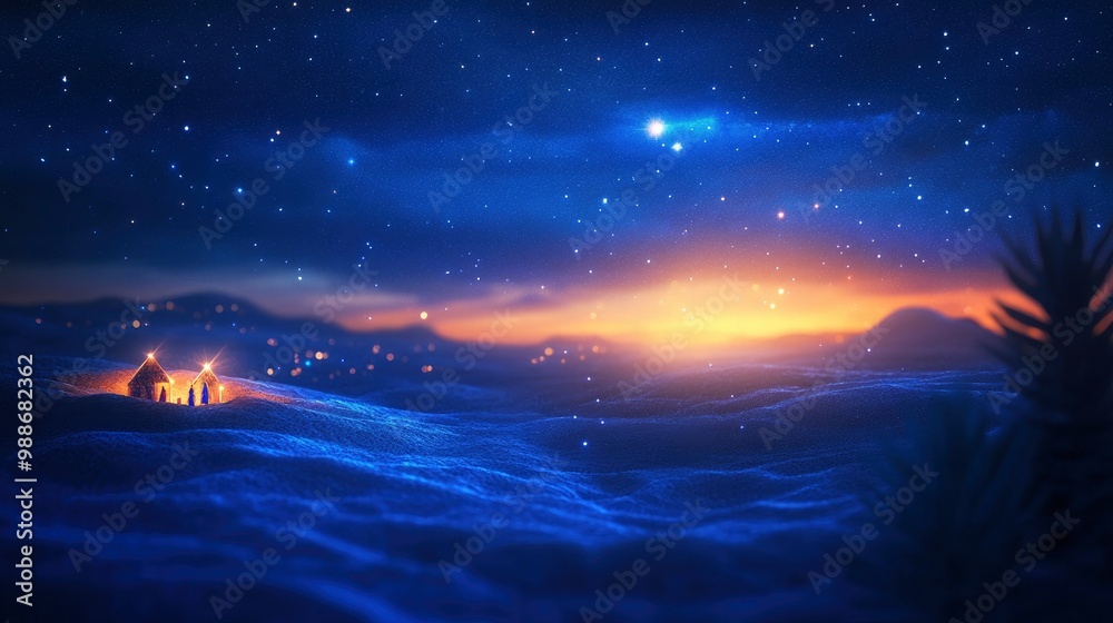 Fototapeta premium Nativity Of Jesus Christ - Comet Star And Stable - Scene With The Holy Family In Desert At Night - Abstract Defocused Background with generative ai