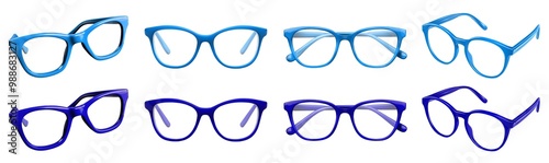 2 Set of dark light blue rimmed frame spectacles specs eyeglasses eye glasses eyewear with semi transparent clear lens on cutout PNG file. Many different angle. Mockup template for artwork design photo