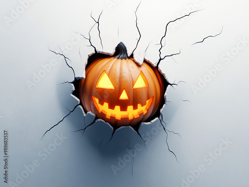 Jack-o'-lantern breaking through a cracked wall in Halloween design