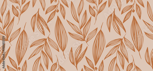 Autumn background with leaves, seamless pattern with plants, abstract botanical ornament