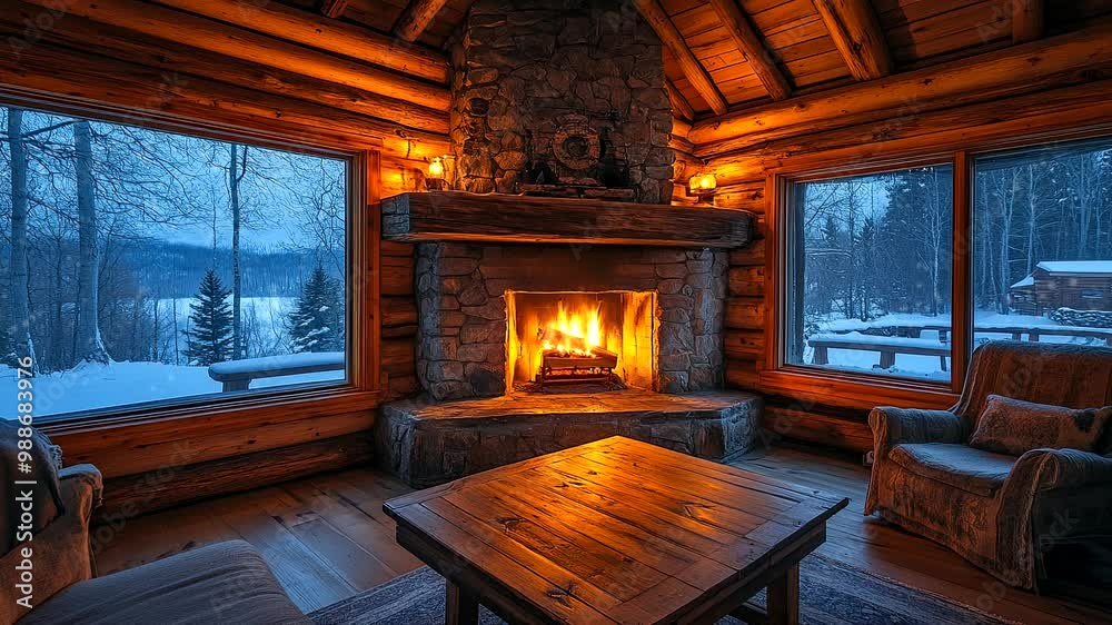Cozy log cabin with warm fireplace and snowy window view at dusk. Seamless looping 4k time-lapse video background.