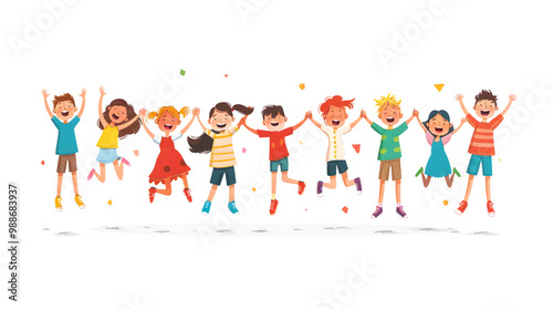 Cute cartoon children's drawing of many happy kids holding hands and jumping, white background, colorful , simple hand drawn style