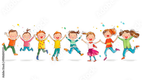 Cute cartoon children's drawing of many happy kids holding hands and jumping, white background, colorful , simple hand drawn style