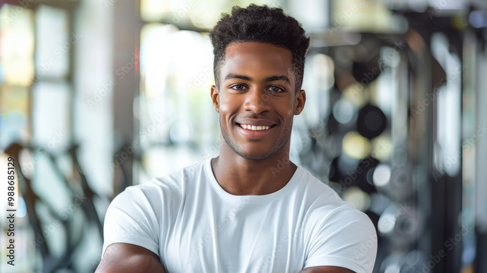 Fototapeta premium A confident man with an athletic build poses in a gym, smiling brightly with arms crossed