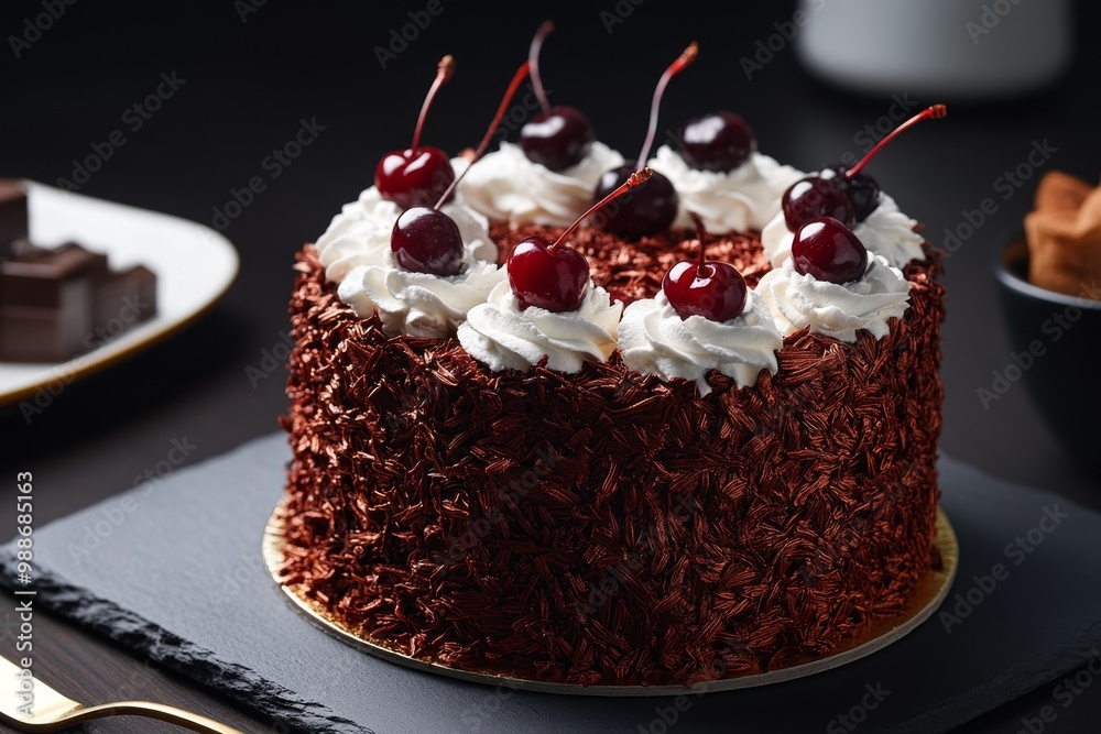 Delicious Black Forest cake, Schwartzwalder kirschtorte, decorated with whipped cream and cherries. Chocolate cake with cherries. Delicious Black Forest cake, Schwartzwalder kirschtorte, decorated with whipped cream and cherries. Chocolate cake with cherries.