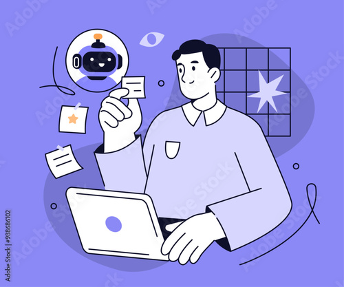 AI technology. Character working with artificial intelligence, chatbot, generative tools to increase productivity, efficient, task performance. Vector illustration.
