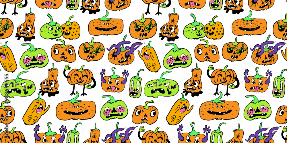 Obraz premium seamless pattern with halloween pumpkins characters in vector. design for backdrop decoration postcard poster print background wallpaper package textile banner