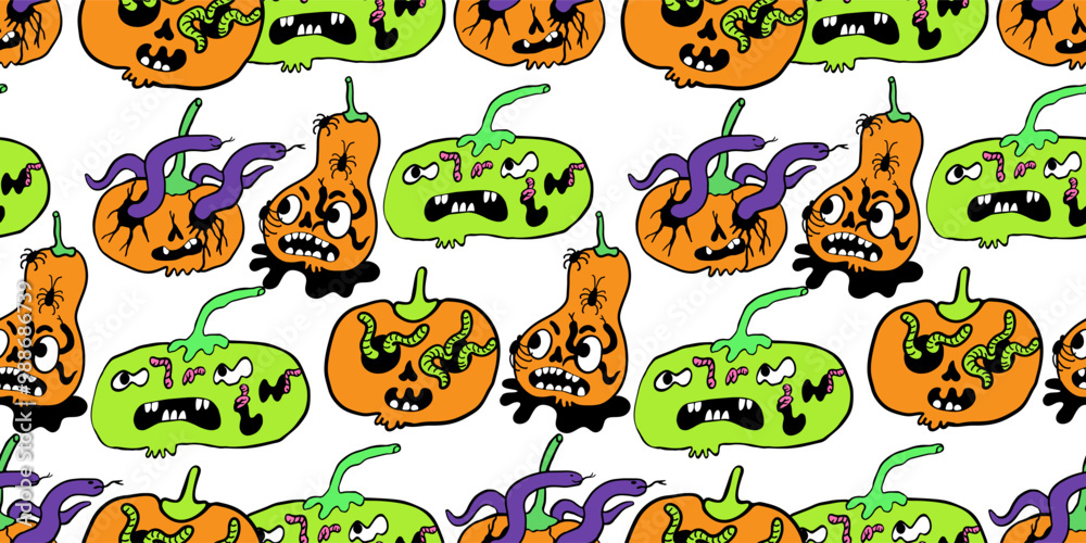 Fototapeta premium seamless pattern with halloween pumpkins characters in vector. design for backdrop decoration postcard poster print background wallpaper package textile banner