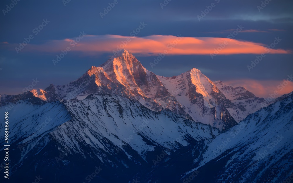 Majestic snow-capped mountain peaks bathed in the warm glow of a sunset sky. Majestic snow-capped mountain peaks bathed in the warm glow of a sunset sky.