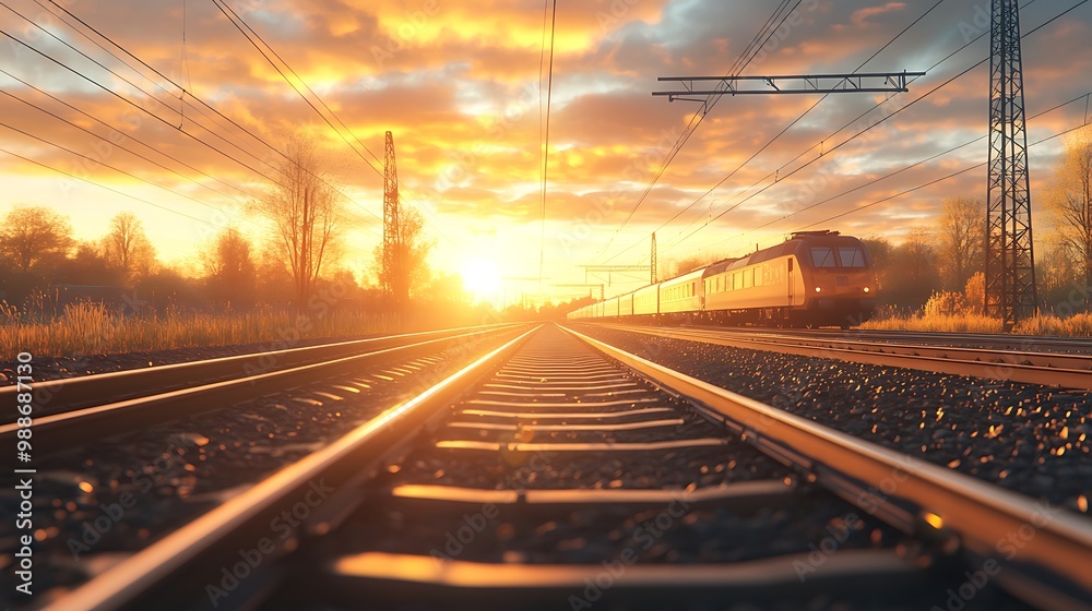 Train Tracks at Sunset - Realistic 3D Illustration Train Tracks at Sunset - Realistic 3D Illustration