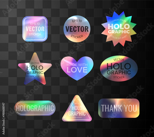 Illustration demonstrating a set of holographic neon stickers of different shapes and texts.