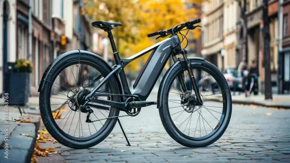 A sleek electric bike parked on a cobblestone street surrounded by autumn foliage. A sleek electric bike parked on a cobblestone street surrounded by autumn foliage.
