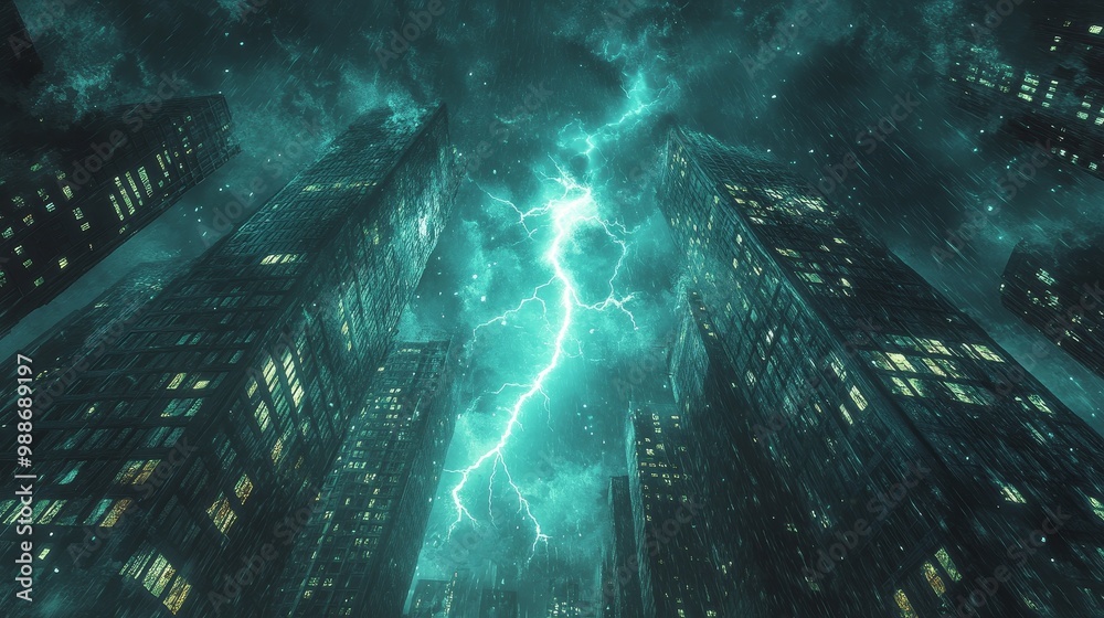 Obraz premium Capture a strong lightning bolt at close range, striking two towering skyscrapers and illuminating the dark city sky with bright and jagged light.