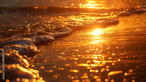Golden Hour Sunset on the Beach Sparkling Water and Waves