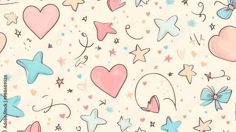 Seamless pattern, including soft heart, star, and vortex patterns, mixed with delicate ribbon and bow graffiti, using soft and warm tones to create a sweet and simple design style. Seamless pattern, including soft heart, star, and vortex patterns, mixed with delicate ribbon and bow graffiti, using soft and warm tones to create a sweet and simple design style.
