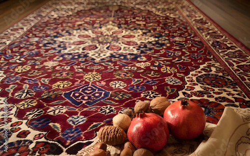 A close-up of a red and cream Persian rug with pomegranates and nuts on it. photo