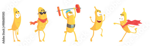 Funny Banana Yellow Character Engaged in Different Activity Vector Set