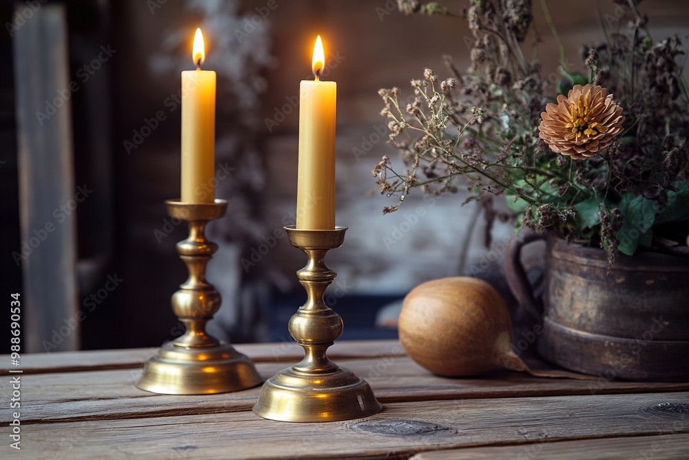 Candles in brass holders on rustic wooden surface