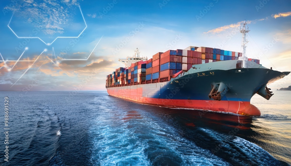 Naklejka premium Cargo ship sailing on the ocean with digital map overlay.