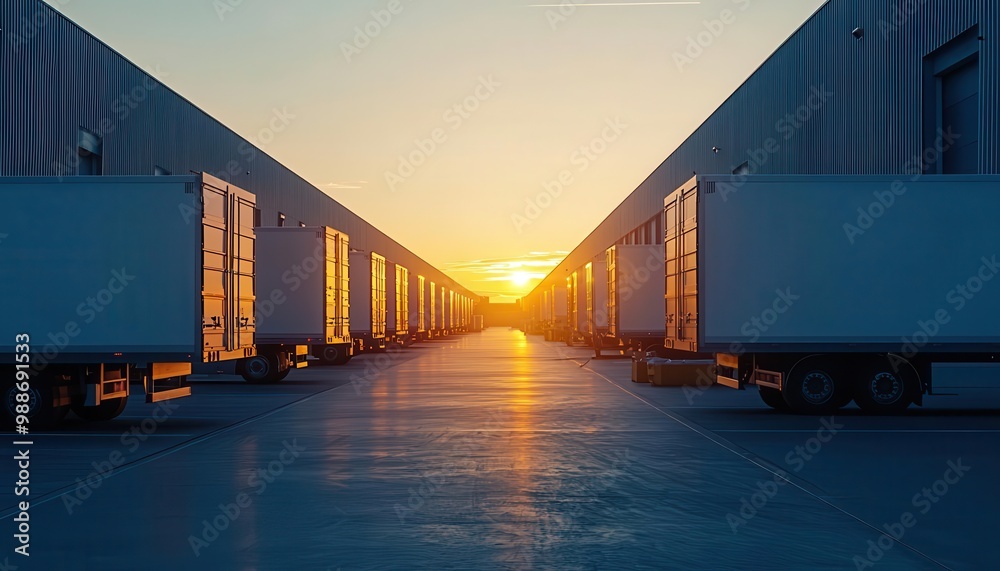 Fototapeta premium Industrial loading dock at sunset, pallets and trucks prepared for a night shipment, Loading Dock, Night Shipment, Industrial Logistics