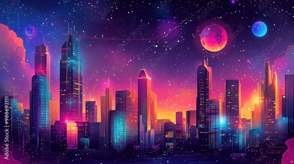 Neon Metropolis: A Futuristic Cityscape Under the Starry Night Sky
