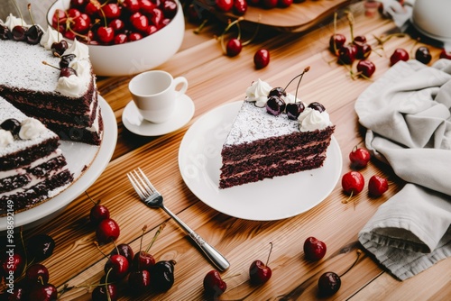 Black Forest cake slice, Schwartzwalder kirschtorte, decorated with whipped cream and cherries. Served on white plate. Chocolate cake with cherries.	 photo