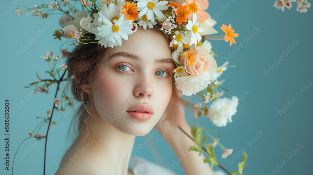 Portrait of a beautiful woman with flowers in her hair, on a light blue background Portrait of a beautiful woman with flowers in her hair, on a light blue background
