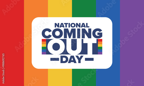 National Coming Out Day. Happy holiday. Pride month. LGBT rainbow flag. Diversity and equality. Gay and lesbian. Free love, heart shape. Illustration. Vector poster