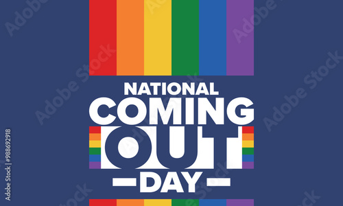 National Coming Out Day. Happy holiday. Pride month. LGBT rainbow flag. Diversity and equality. Gay and lesbian. Free love, heart shape. Illustration. Vector poster