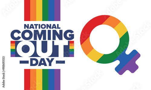 National Coming Out Day. Happy holiday. Pride month. LGBT rainbow flag. Diversity and equality. Gay and lesbian. Free love, heart shape. Illustration. Vector poster