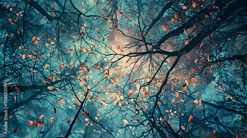 Autumn Forest with Falling Leaves Nature Photography