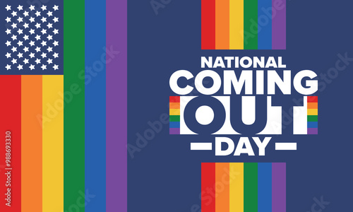 National Coming Out Day. Happy holiday. Pride month. LGBT rainbow flag. Diversity and equality. Gay and lesbian. Free love, heart shape. Illustration. Vector poster