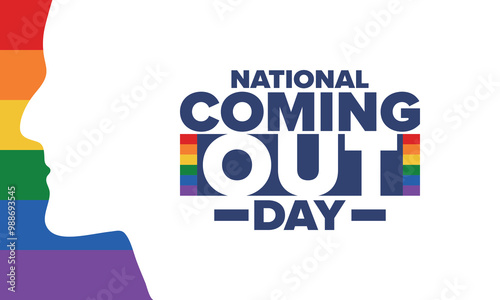 National Coming Out Day. Happy holiday. Pride month. LGBT rainbow flag. Diversity and equality. Gay and lesbian. Free love, heart shape. Illustration. Vector poster