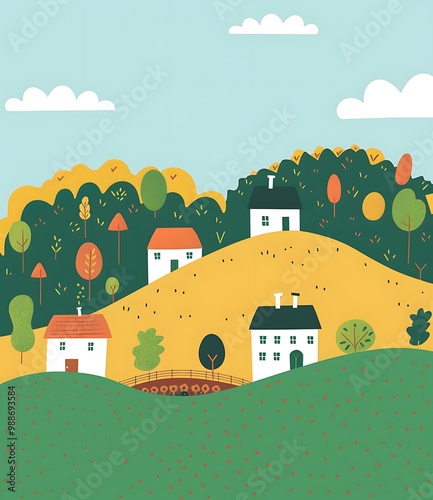 Cute Illustration Of A Hilltop Village With Houses And Green Trees