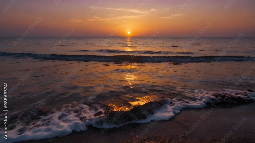 Obraz premium sunset over the sea, beautiful orange red purple evening dawn sky, ocean water with gentle waves, sunrise, wallpaper background