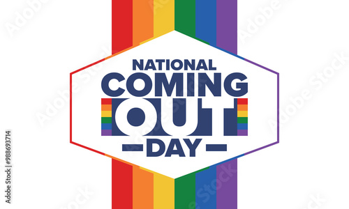 National Coming Out Day. Happy holiday. Pride month. LGBT rainbow flag. Diversity and equality. Gay and lesbian. Free love, heart shape. Illustration. Vector poster