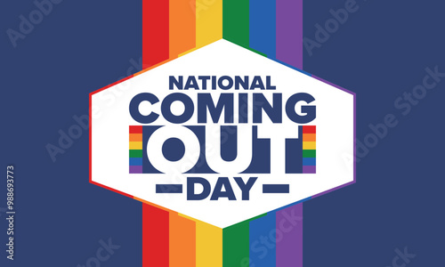 National Coming Out Day. Happy holiday. Pride month. LGBT rainbow flag. Diversity and equality. Gay and lesbian. Free love, heart shape. Illustration. Vector poster