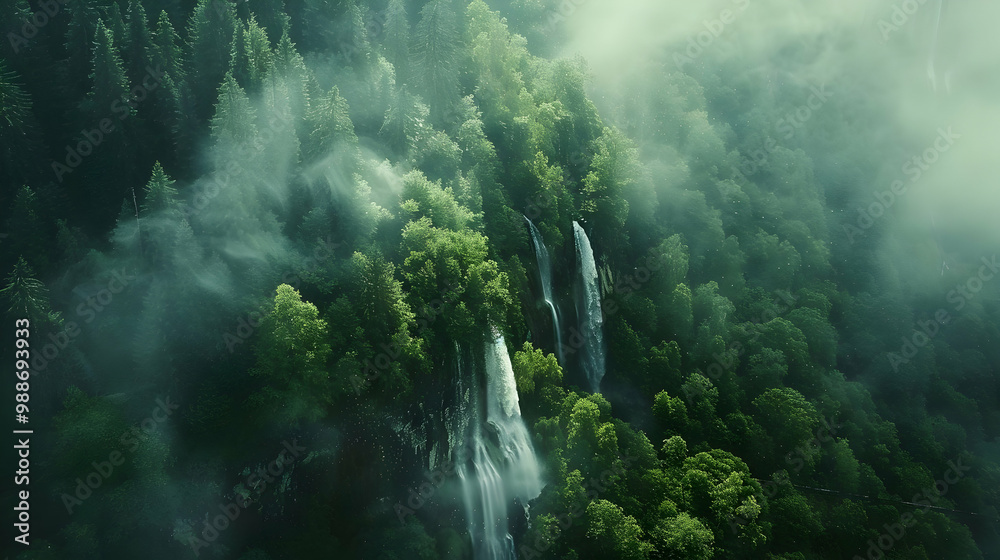 Misty Forest Waterfall Aerial View of Lush Greenery and Cascading Water Misty Forest Waterfall Aerial View of Lush Greenery and Cascading Water