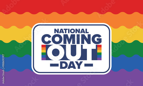 National Coming Out Day. Happy holiday. Pride month. LGBT rainbow flag. Diversity and equality. Gay and lesbian. Free love, heart shape. Illustration. Vector poster