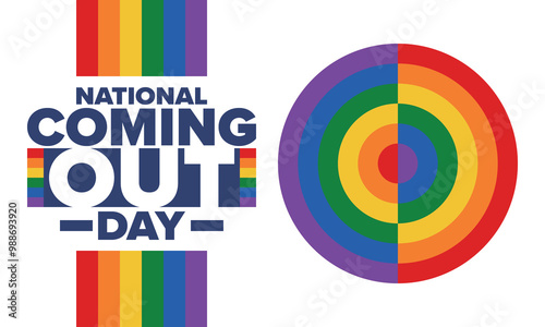 National Coming Out Day. Happy holiday. Pride month. LGBT rainbow flag. Diversity and equality. Gay and lesbian. Free love, heart shape. Illustration. Vector poster