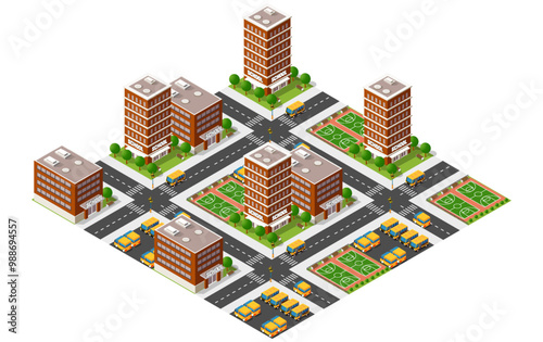 Isometric illustration of a school district with multiple school buildings and school buses driving on the crossroad