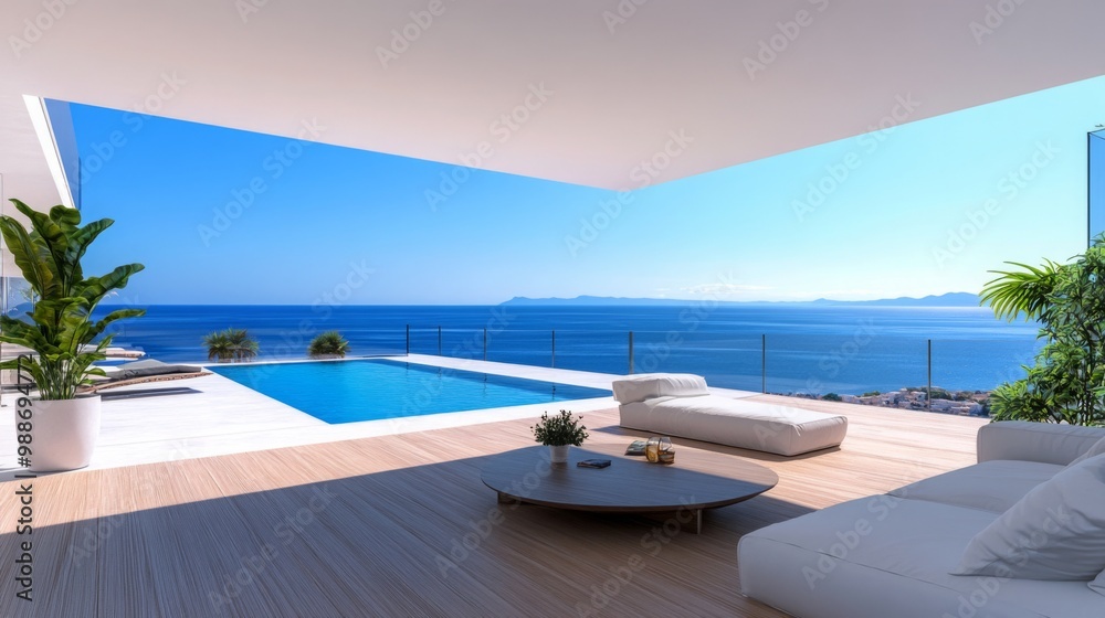 Fototapeta premium A luxurious oceanfront terrace with an infinity pool, overlooking a serene blue sea.