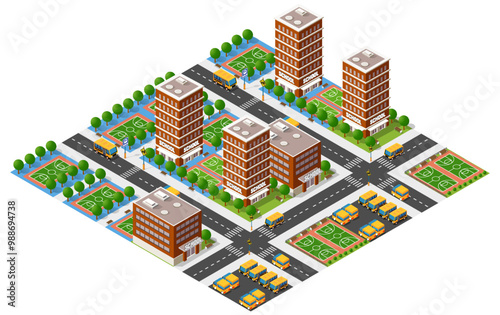 Isometric illustration featuring a school district with multiple school buildings, school buses, and basketball courts
