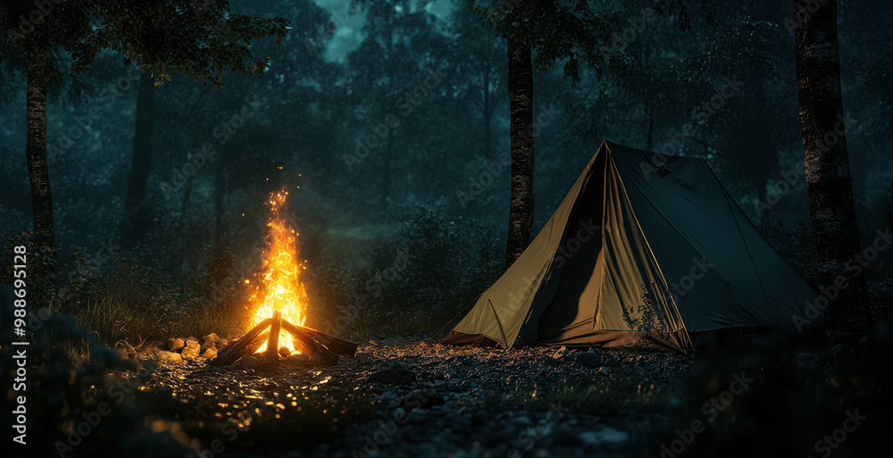 Nighttime camping in the forest with a glowing campfire next to a tent, surrounded by trees under a dark sky. Peaceful outdoor wilderness escape. Nighttime camping in the forest with a glowing campfire next to a tent, surrounded by trees under a dark sky. Peaceful outdoor wilderness escape.