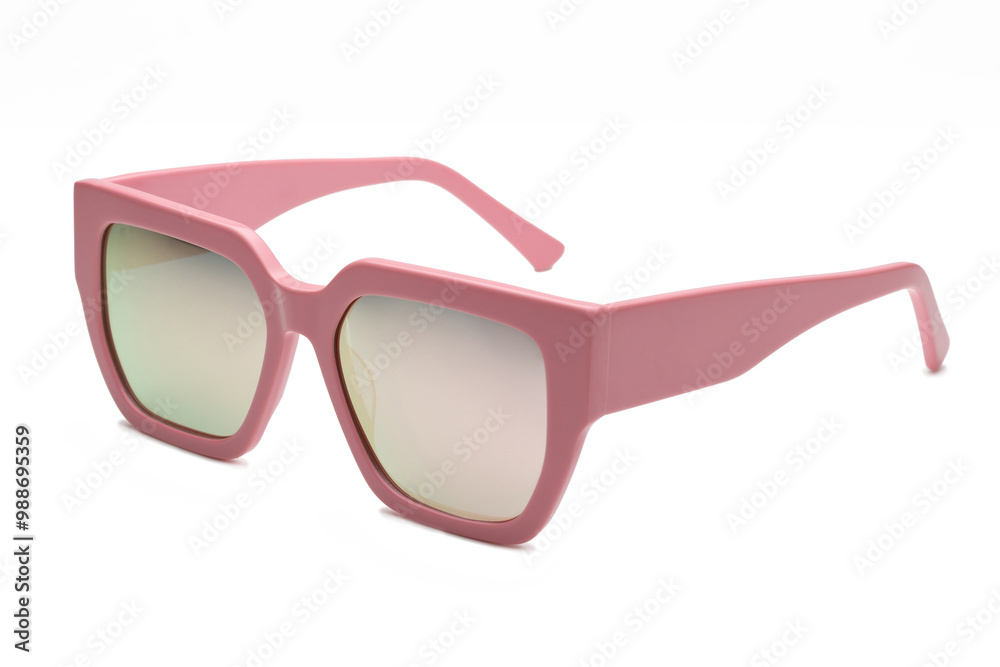 Stylish pink sunglasses with a bold frame catching the light against a white backdrop Stylish pink sunglasses with a bold frame catching the light against a white backdrop