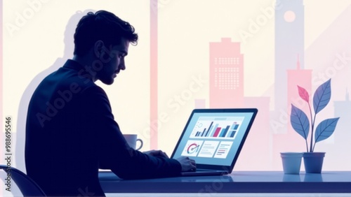 KPI Business analytics Businessman use laptop with virtual screen of data analytics report and key performance indicators on information dashboard for business strategy and business intelligence