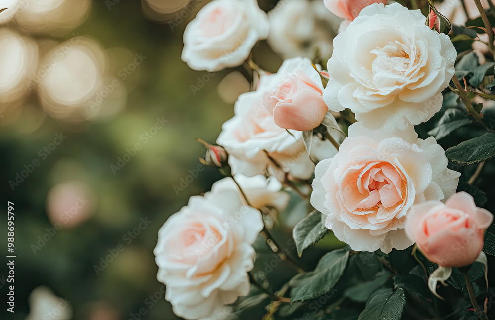 A beautiful garden with blooming roses, bathed in soft sunlight. The delicate petals of the rose blossoms sparkle under the warm light. Created with AI
