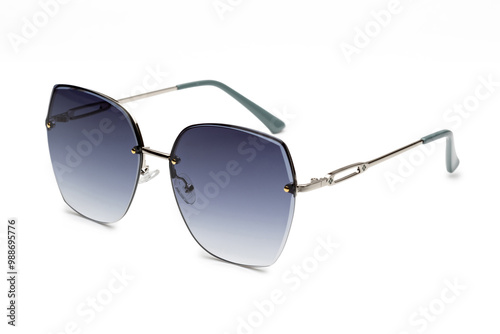 Sunglasses with blue lenses and silver frame on a white background